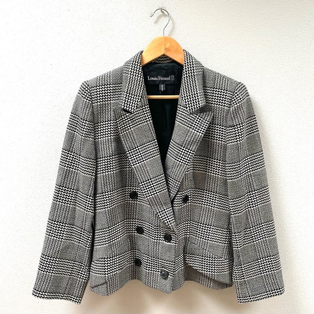 Louis Feraud Vintage Double Breasted Wool Blazer Black & White Plaid Women's 10